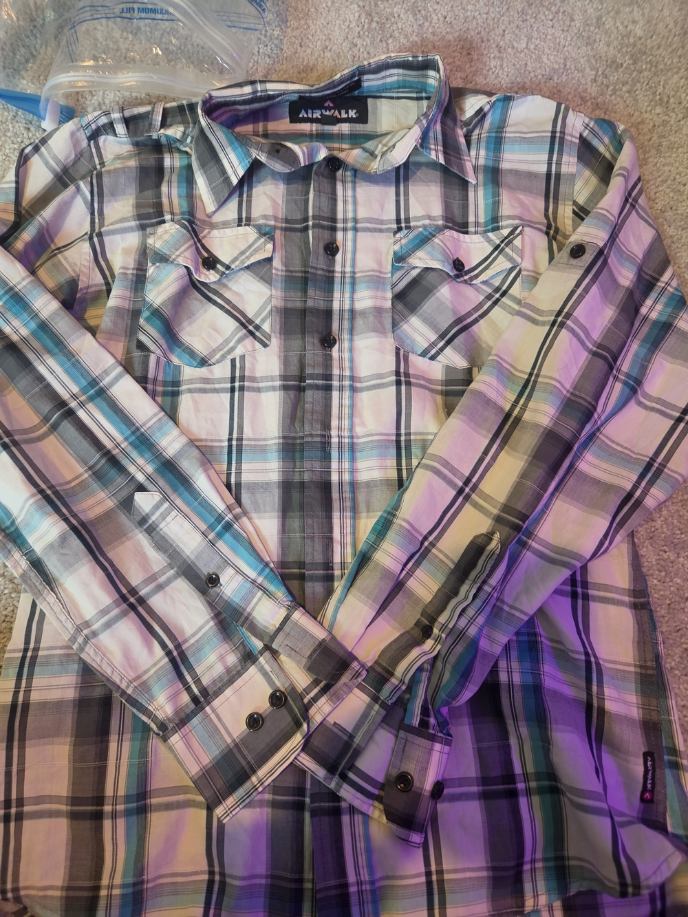 Airwalk Plaid Button-Down Shirt in Teal, Purple, Black & White